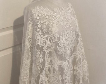 Tela de encaje bordada / Encaje de novia / Boda / Blanco roto