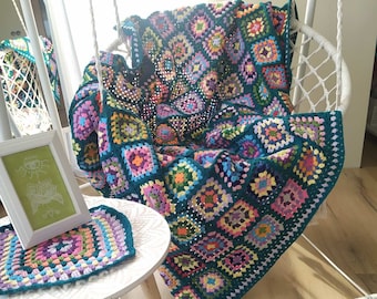 Crochet Granny Square Afghan, Multicolor Cotton Blanket, Vintage Home Decor
