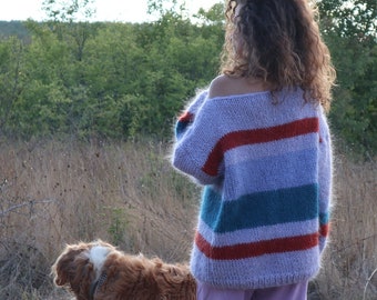 Suéter de mohair a rayas tejido a mano, jersey extragrande y acogedor