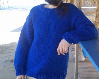 Suéter de lana de punto grueso para hombre, jersey azul tejido a mano
