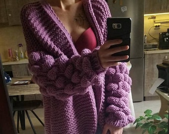 Cardigã de lã grossa tricotado à mão, suéter bomber oversized
