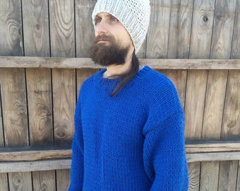 Chunky Knit Men Sweater, Men Jumper, Hand Knit Wool Jumper for Men, Knit Blue Sweater, Men's Gift For Him, Husband Gift, Boyfriend Gift