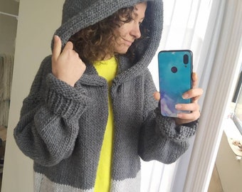 Chunky Knit Hooded Cardigan, Oversized Wool Blend Coat