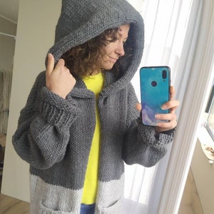 Chunky Knit Cardigan, Oversized Women Cardigan, Knit Long Coat, Hand Knitted Cardigan Unisex , Wool Grey Hoody Cardigan, Women Gift for Her