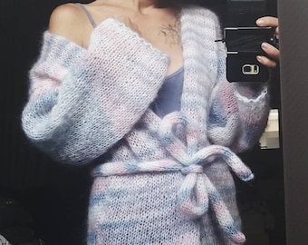 Handstickad mohairkofta, fluffig överdimensionerad tröja, mysig present