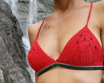 Handmade Crochet Watermelon Bikini Top - Natural Cotton Knit Bralette