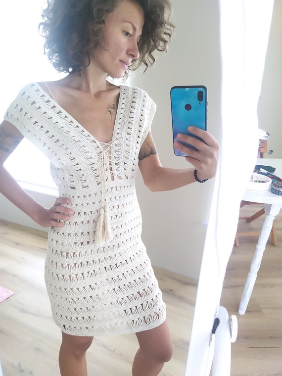 Crochet Summer Dress, 100% Cotton Beach Cover-Up