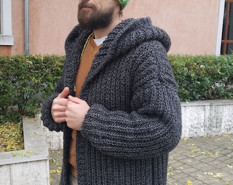 Chunky Knit Men Cardigan Sweater, Cardigan tricoté à la main pour hommes, Cardigan pull jaune, Cadeau pour lui, Cadeau de mari, Cadeau de petit ami