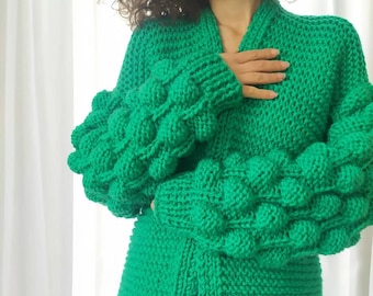 Cardigã de lã grossa tricotado à mão, jaqueta bomber de tricô com bolhas, tricô oversized