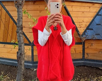 チャンキーニットレディースベスト、ニットメンズベスト、ユニセックスで着心地の良いウールベスト（女性・男性兼用）、オーバーサイズハンドニットセーター、レッドウールベスト、クリスマスギフト