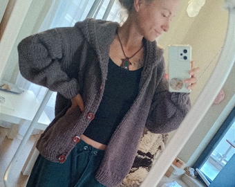 Chunky Knit Wool Cardigan, Wooden Buttons, Cozy Sweater