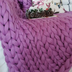 Chunky Knit Blanket Giant Knit Blanket 100% Merino Wool Huge Stitch Cozy Blanket Merino Wool Blanket Lilac color