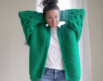 Hand Knit Chunky Women's Cardigan, Oversized Wool Blend Sweater