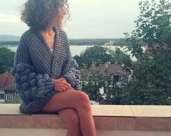 Hand Knit Chunky Cardigan - Oversized Wool Blend Bomber