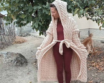 Hand Knit Chunky Wool Cardigan, Beige Cable Knit Coat