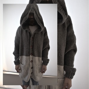 Chunky Knit Men Cardigan, Chunky Knit Long Coat, Hand Knitted Cardigan Unisex , Wool Grey Hoody Cardigan, Men&#39;s Coat, Husband Gift for Him