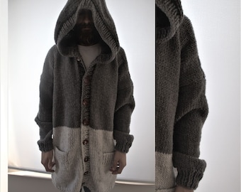Chunky Knit Wool Blend Hooded Cardigan, Handmade Unisex Coat