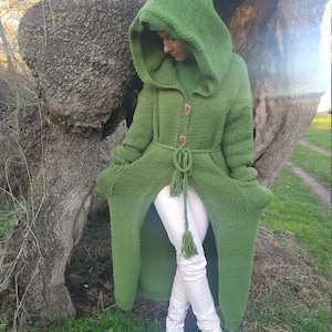 Hand Knit Women Cardigan Coat, Chunky Knit Hooded Cardigan for Women, Green Wool Cardigan Jumper, Oversized Cardigan Sweater, Gift for Women