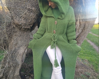 Hand Knit Hooded Wool Cardigan, Chunky Green Coat