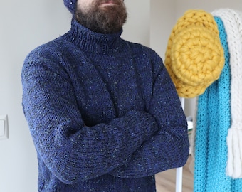 Suéter de lana merino tejido a mano para hombre, jersey azul