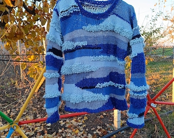 Hand Knit Wool Silk Women's Sweater, Blue Art Pullover