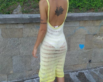 Hand-Knitted Cotton Summer Dress, Crochet Beach Cover-Up, Boho Yellow Dress