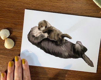 Mom and Baby Sea Otter Drawing Art Print