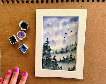 Misty Forest Original Watercolor Landscape Painting Evergreen Trees Pacific