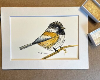 Gold Chickadee Original Watercolor Bird Painting