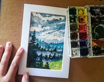 Misty Forest Original Watercolor Landscape Painting Evergreen Trees Pacific Northwest Peaceful Atmosphere Summer Illustration Nature Gifts