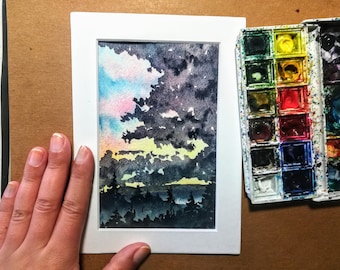 Cloudy Sunset Original Watercolor Landscape Painting Evergreen Trees Pacific Northwest Peaceful Atmosphere Winter Illustration Nature Gifts