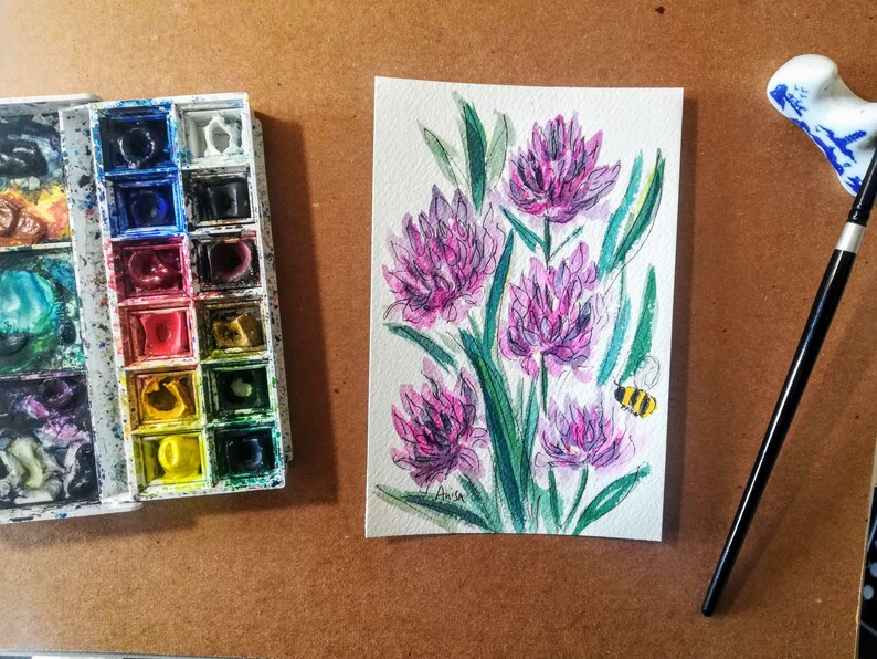 Sea Thrift Flower Original Watercolor Floral Painting Botanical Art Wildflower Decor Bee Illustration