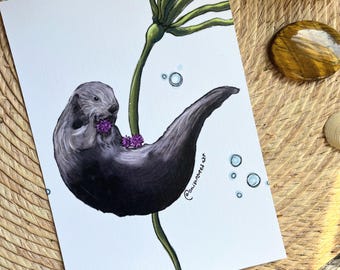 Otter with Kelp and Urchins Print B Quality