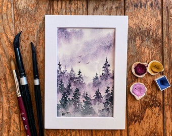 Misty Purple Forest Watercolor Landscape