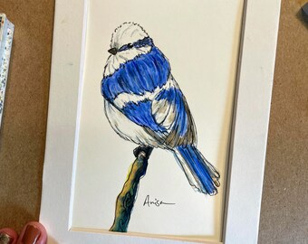Azure Tit Original Watercolor Bird Painting