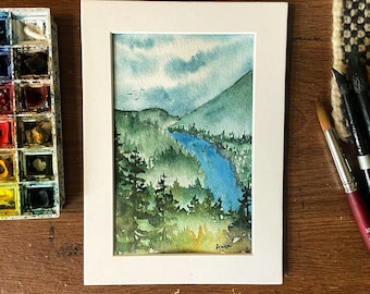 Columbia River Watercolor Landscape Painting Evergreen Trees Pacific Northwest