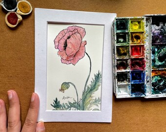 Wild Poppy Pink Flower Original Watercolor Floral Painting Botanical Art Wildflower Artwork Plant Decoration
