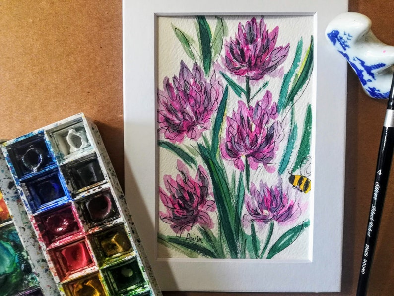 Sea Thrift Flower Original Watercolor Floral Painting Botanical Art Wildflower Decor Bee Illustration