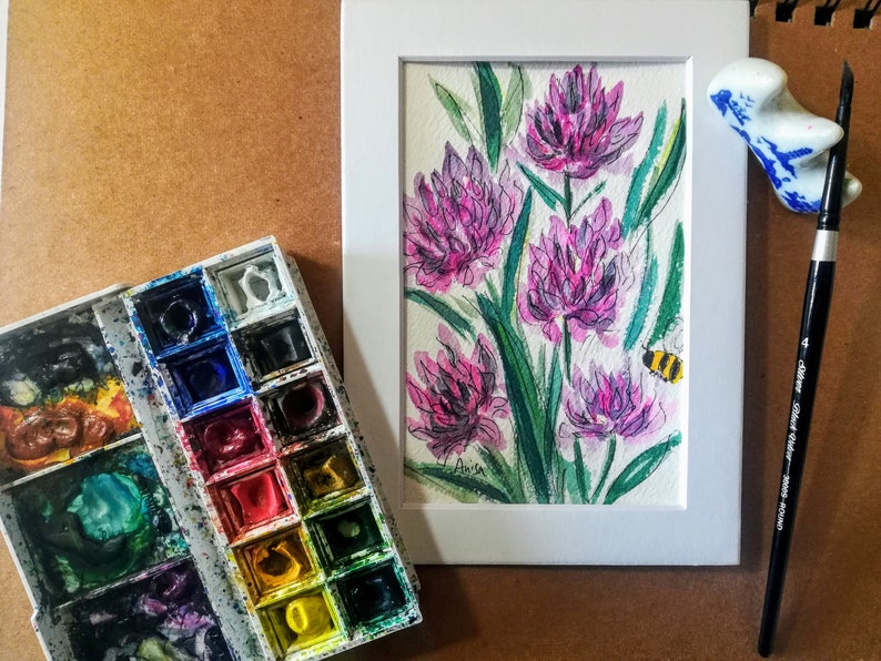Sea Thrift Flower Original Watercolor Floral Painting Botanical Art Wildflower Decor Bee Illustration