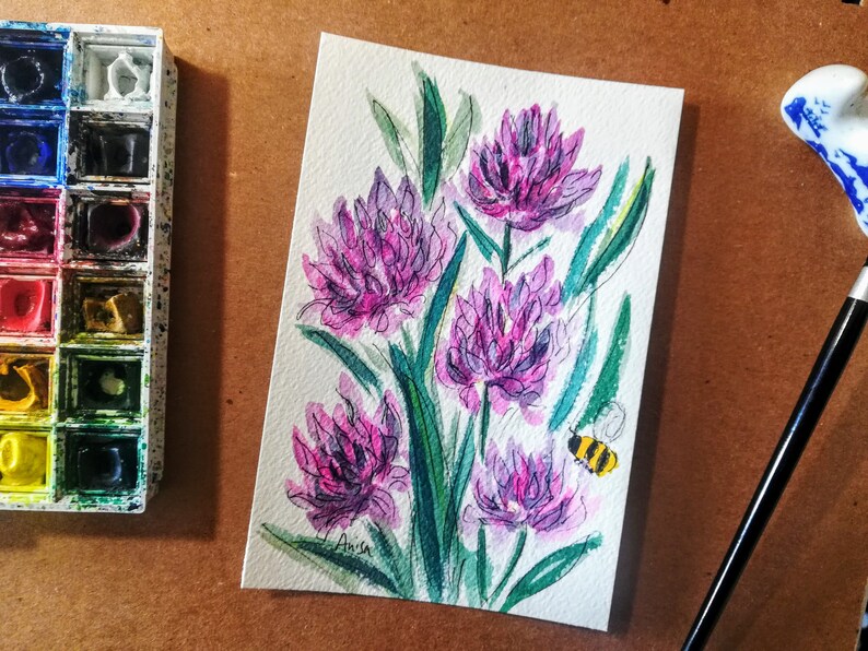 Sea Thrift Flower Original Watercolor Floral Painting Botanical Art Wildflower Decor Bee Illustration