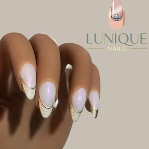 Elegant Gold & Pearl Gold Lined French Press On Nails, Handmade Nails, Gold Nails, French Manicure Nails, Luxury Nails