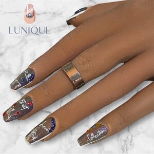 LuNique Press-On Nails Long Coffin, Statement Script and Rhinestones, Handmade