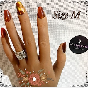Cinnamon Fire Custom Press On Nail Set, Handpainted Gel Full Coverage, Cat Eye, Cinnamon Brown and Gold, Size M