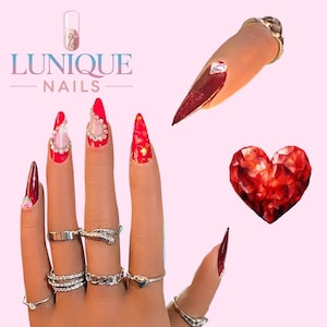 Fiery Glam Press-On Nails, LuNique Nails, Handcrafted, Custom Fit, Luxe Finish, Hearts, Rhinestone Nails, Red Nails