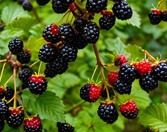 May include: A close-up of a blackberry bush laden with ripe, juicy blackberries. The berries are a deep, rich black, with some showing a vibrant red hue. The green leaves provide a lush backdrop.