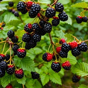 May include: A close-up of a blackberry bush laden with ripe, juicy blackberries. The berries are a deep, rich black, with some showing a vibrant red hue. The green leaves provide a lush backdrop.