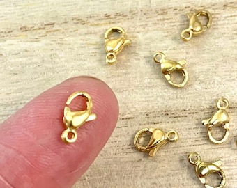 Small Gold Stainless Steel Clasps, Qty 10 Steel Lobster Claw Clasps, Non Tarnish Clasps, Hypoallergenic, 9x6mm