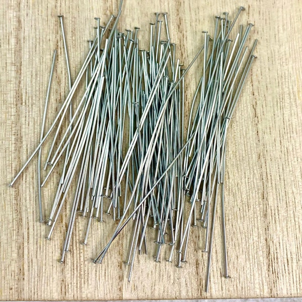 Stainless Steel Headpins, Flat Head Pins Stainless, Stainless Findings, Qty 100 Pieces, 21 Gauge, 50mm Long, Non-Tarnishing, SSHP-2150