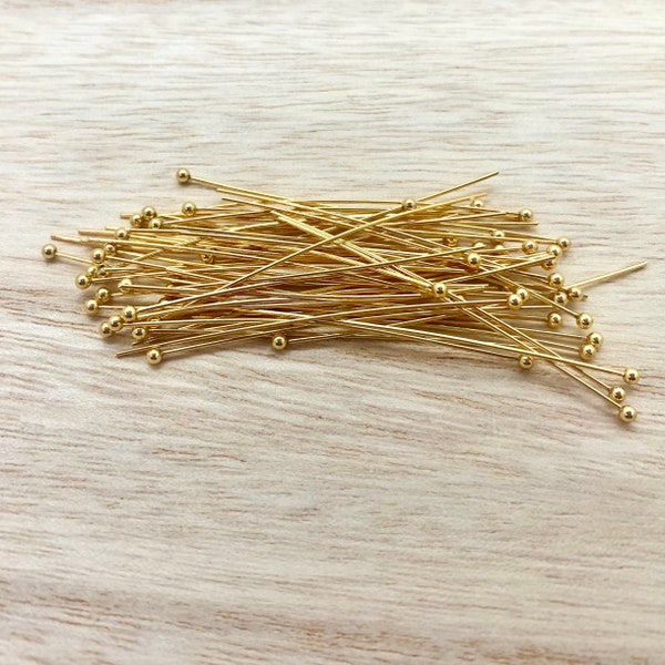Gold Plated Stainless Steel Ball Pins for Making Jewelry, 304 Steel, 50 Pieces, 22 Gauge, 50mm, Stainless Steel Findings, GSS-BP-2250
