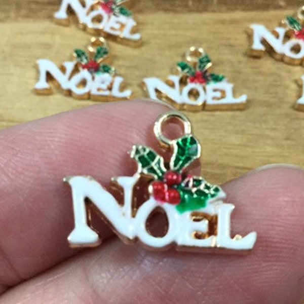 Noel Charms, Enamel Christmas Charms, Gold Noel Pendants, Qty 6